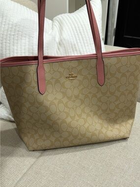 Coach Beige Canvas Tote with Pink Leather Trim